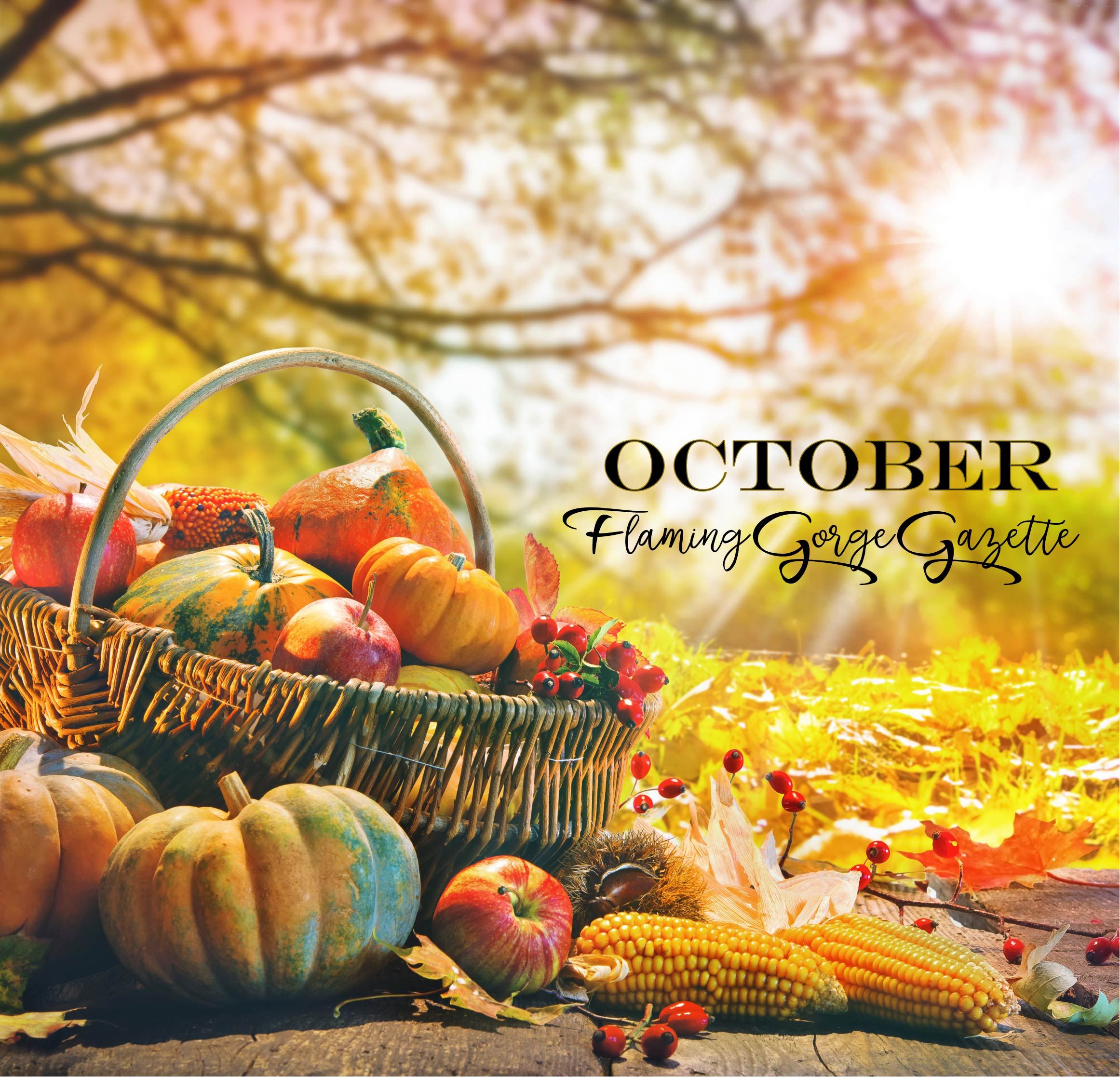 Pumpkins in a basket text October Flaming Gorge Gazette