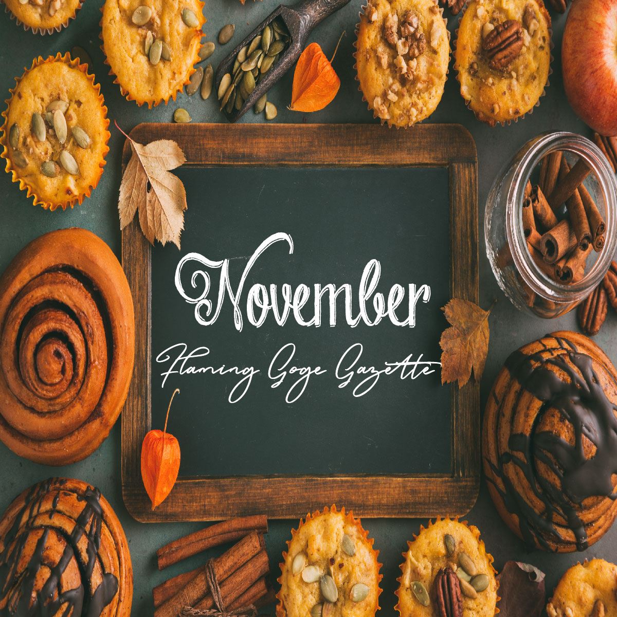 November Gazette Chalkboard with cinnamon rolls around board