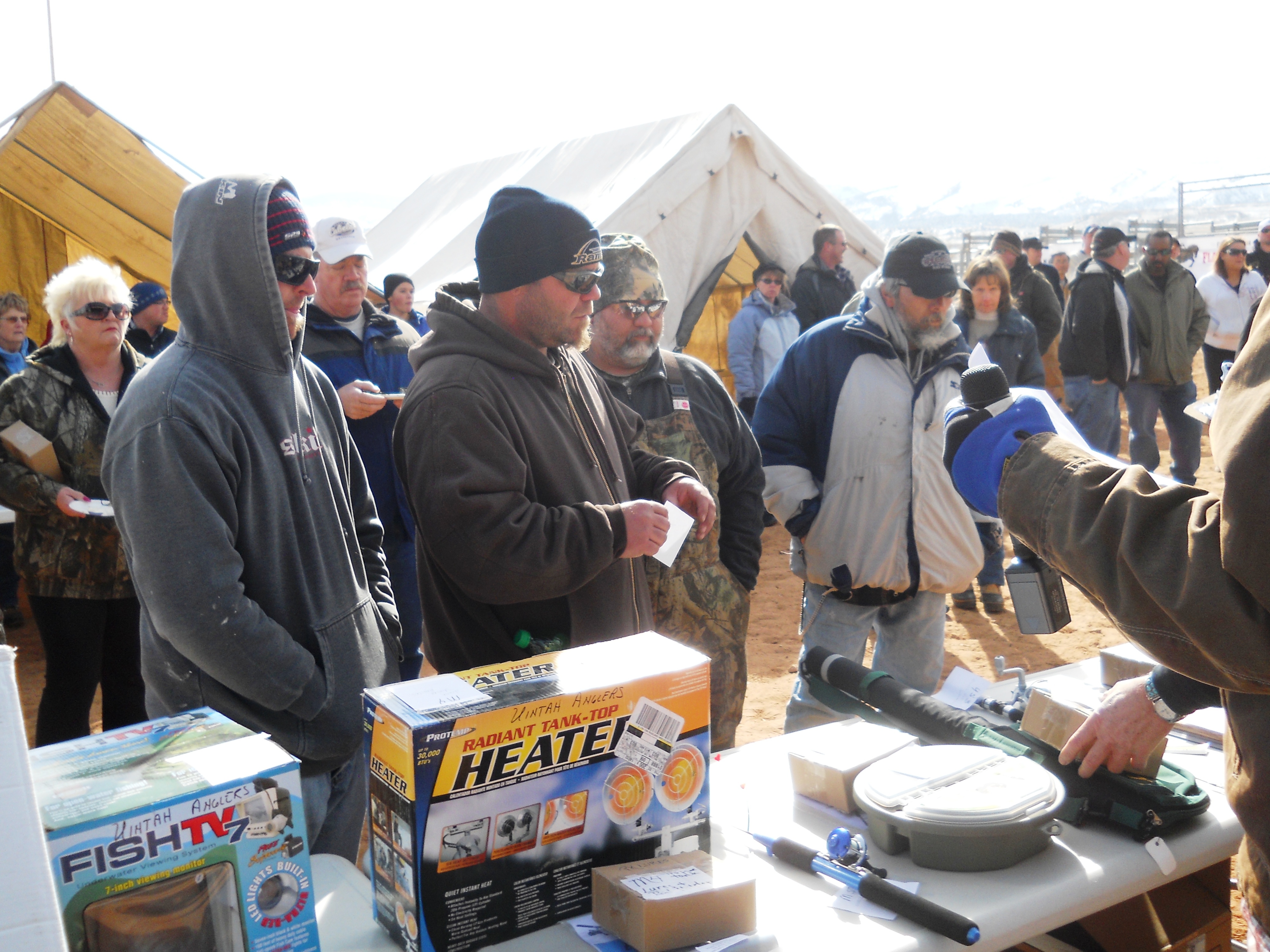 View of the crowd and prizes being handed out at the closing ceremonies of the 2012 Burbot Bash