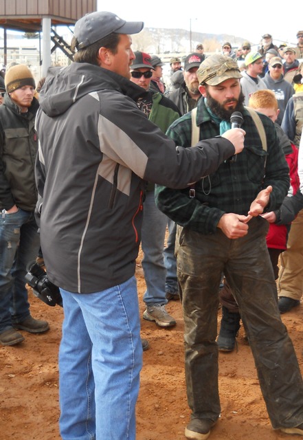 Adam Eakle of KSL Outdoors interviews Carl Suanders of USU during the 2013 Burbot Bash
