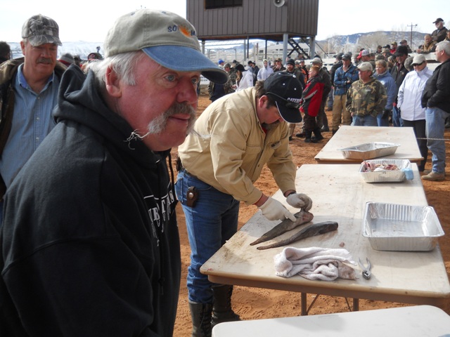 Photo of one of the judges and a Filet Contest participant fileting a burbot during the Closing Ceremonies of the 2013 Burbot Bash